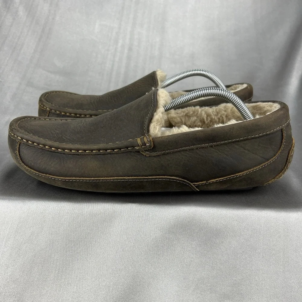 UGG Ascot Leather Wool Slippers Loafers Men's 12 Dark Brown‎ Driving S/N 1103889